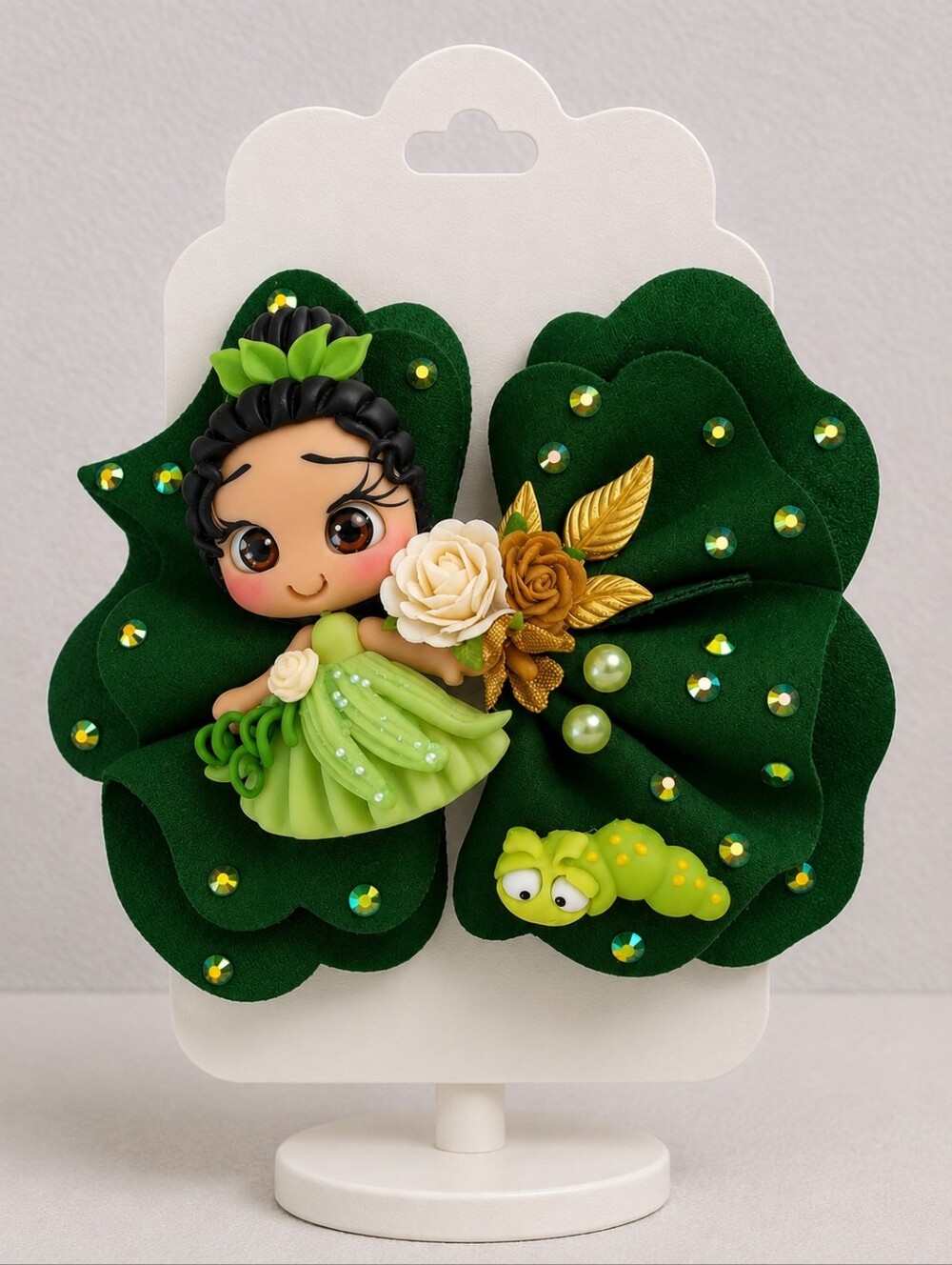 Handmade Green Princess Inspired 4" Hair Bow Boutique Rhinestone Girls Bow🎀✨